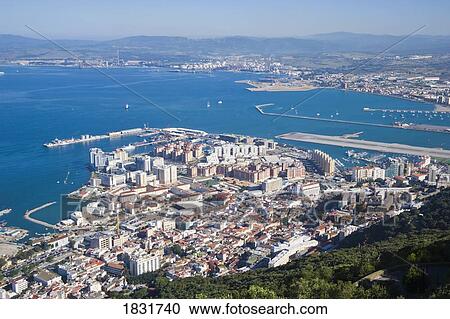 Stock Image - Gibraltar town, Gibraltar, bay with a view to Spain. Fotosearch