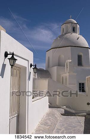 Stock Image - Greek architecture, Fira, Santorini, Greece . Fotosearch