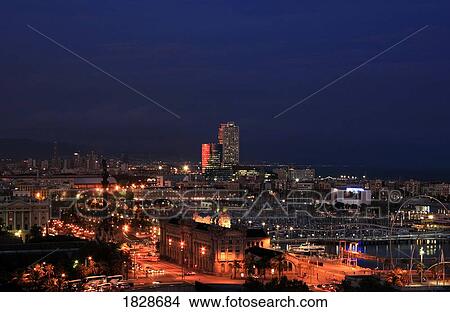 Picture - Harbour at night, Barcelona, Spain. Fotosearch