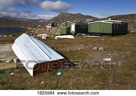 Picture - Houses and boat in Nanortalik, Island of Qoornoq, Province or Kitaa, Southern Greenland. Fotosearch