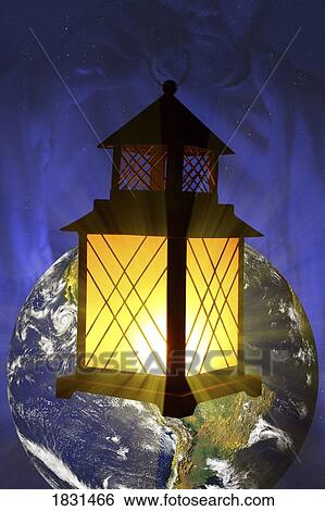 Stock Photograph - Lantern on a picture of the earth. Fotosearch