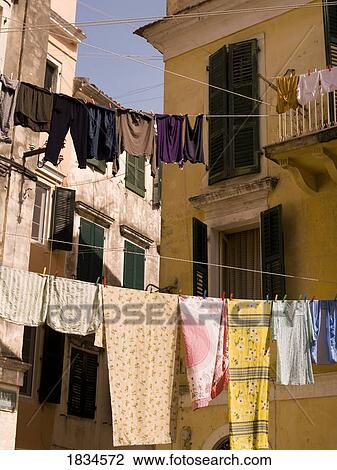 Stock Image - Laundry on the line, Corfu, Greece . Fotosearch