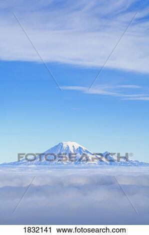 Stock Image - Mt. Rainier and foggy valleys from Mt. Adams, Washington State, USA. Fotosearch