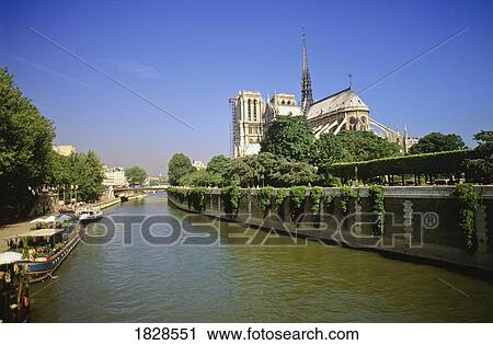 Stock Image - Notre Dame Cathedral and Seine River, Paris, France. Fotosearch