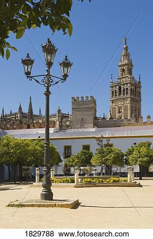 Stock Photo - Patio of flags, with Seville Cathedral and La Giralda in background, Seville, Andalucia, Spain. Fotosearch