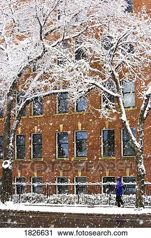 Stock Image - Person walking in a snowfall. Fotosearch