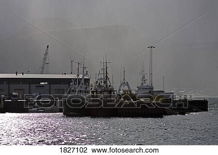 Stock Image - Rain shower, Port of Isafjordur, West Fjords Region, Iceland . Fotosearch