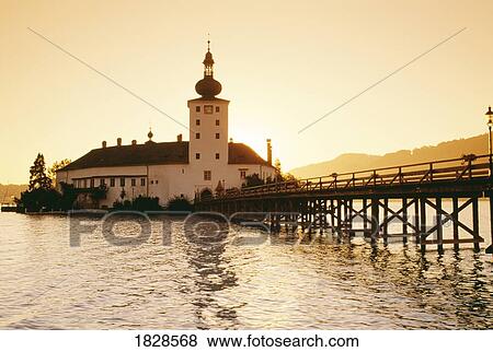 Stock Photo - Schloss Ort (Castle Ort) at sunrise, Gmunden, Austria. Fotosearch