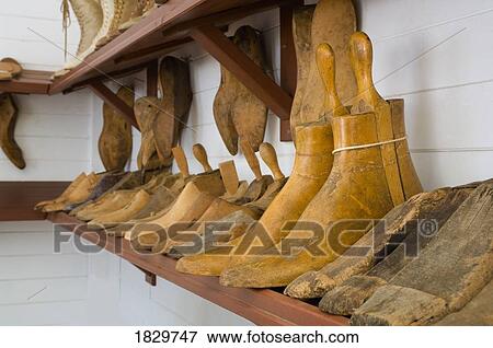 Stock Photo - Shoe molds on shelf, Fort Edmonton, Alberta, Canada. Fotosearch