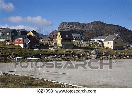 Stock Photo - Soccer field, Port of Nanortalik, Province of Kitaa, Kingdom of Denmark . Fotosearch