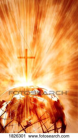 Stock Image - The cross shining on the globe. Fotosearch