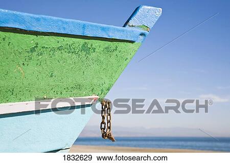 Stock Photo - Torremolinos, Malaga Province, Costa Del Sol, Spain, Fishing Boat On Playamar-Bajondillo Beach. Fotosearch
