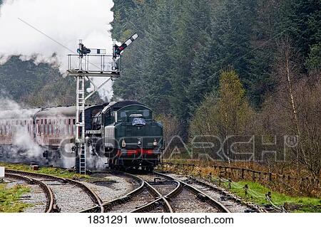 Stock Image - Train on railroad tracks, Grosmont, North Yorkshire, England. Fotosearch