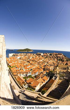 View from Old City Walls Walk, Walled City of Dubrovnik, South Eastern Tip of Croatia, Dalmation Coast, Adriatic Sea, Croatia, Eastern Europe, Europe View Large Photo Image Stock Photo - View from Old City Walls Walk, Walled City of Dubrovnik, South Eastern Tip of Croatia, Dalmation Coast, Adriatic Sea, Croatia, Eastern Europe, Europe . Fotosearch