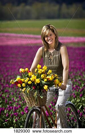Stock Image - Woman with tulips in bicycle basket. Fotosearch