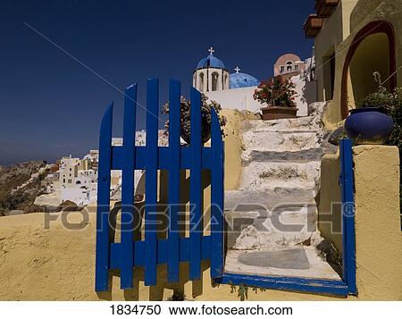 Stock Image - Blue gate, Santorini, Greece . Fotosearch