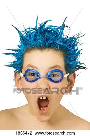 Boy with blue hair and swim goggles View Large Photo Image Stock Image - Boy with blue hair and swim goggles. Fotosearch