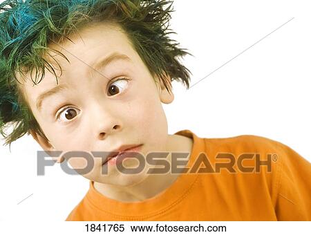 Stock Photography - Boy with green hair and crossed eyes. Fotosearch