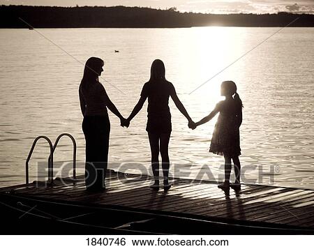 Stock Photograph - Lake of the Woods, Ontario, Canada; Silhouette of three females on a dock. Fotosearch