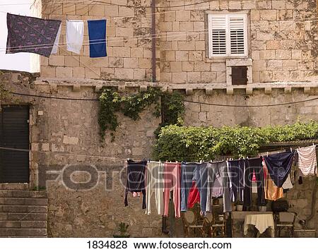 Stock Photo - Laundry hanging from a line, Dubrovnik, Croatia. Fotosearch