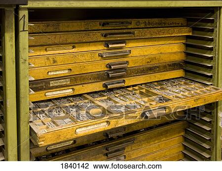 Stock Image - Letterpress printing; type cases. Fotosearch