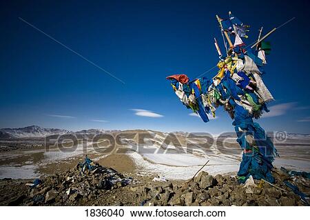 Stock Image - Mongolia; Prayer flags outside Ulaanbaatar. Fotosearch