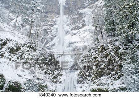 Stock Image - Multnomah Falls in winter, Columbia River Gorge, Oregon, USA . Fotosearch