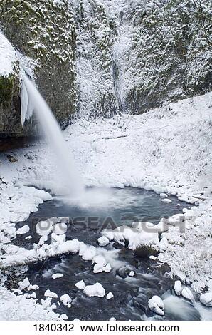 Stock Image - Ponytail Falls in winter, Columbia River Gorge, Oregon, USA . Fotosearch