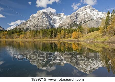 Stock Photography - Scenic view of Mount Kidd and Wedge Pond in autumn in Kananaskis Valley, Alberta, Canada . Fotosearch