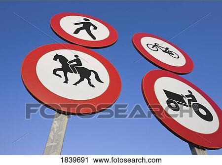 Signs for pedestrians, bicycles, horse riding, and farm machinery View Large Photo Image Stock Image - Signs for pedestrians, bicycles, horse riding, and farm machinery. Fotosearch