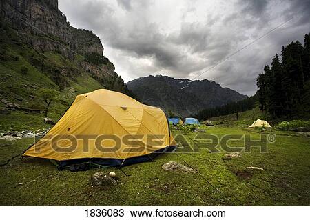 Tenting, Lidderwat, Kashmir, India  View Large Photo Image Stock Image - Tenting, Lidderwat, Kashmir, India . Fotosearch