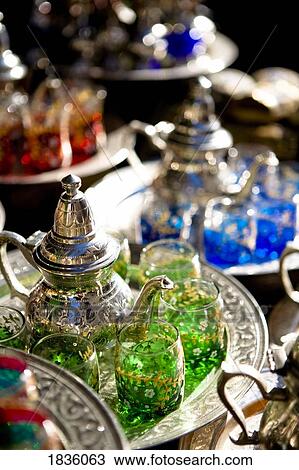 Stock Image - Tunis, Tunisia, Africa; Silver tea sets. Fotosearch