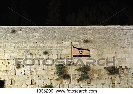 Stock Image - Western Wall, Israel flag, Jerusalem, Israel. Fotosearch