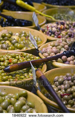 Arles, France; Assorted olives at market View Large Photo Image Stock Image - Arles, France; Assorted olives at market . Fotosearch