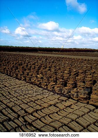 Stock Image - Industrial turf production, Bog of Allen, Co Kildare, Ireland. Fotosearch