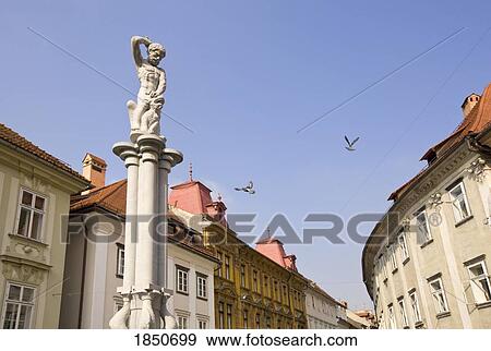 Stock Photo - Ljubljana, Slovenia; Hercules fountain at Stari trg square. Fotosearch