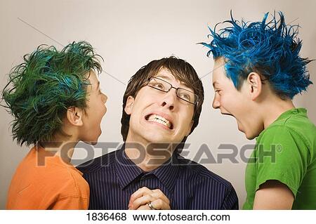 Man pleading with two yelling kids View Large Photo Image Stock Photo - Man pleading with two yelling kids. Fotosearch