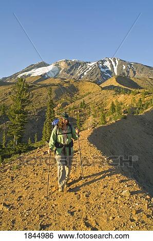 Stock Photograph - Mount Adams, Washington, USA; Hiker on the mountain trail. Fotosearch