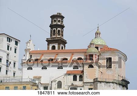 Stock Image - Positano, Campania, Italy; Church steeple. Fotosearch