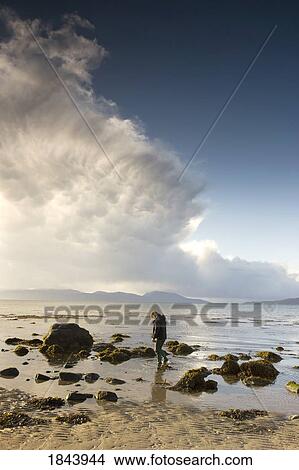 Scotland; Woman walking through pools at low tide on beach View Large Photo Image Picture - Scotland; Woman walking through pools at low tide on beach. Fotosearch