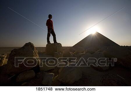 Stock Photo - The Red Pyramid, Dahshur necropolis, Egypt; tourist looking at pyramid. Fotosearch