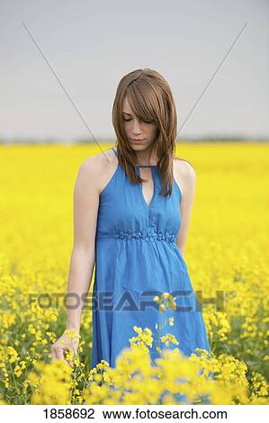 Stock Image - A young girl in a canola field. Fotosearch
