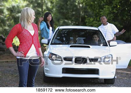 Stock Image - Friends leaving without lady. Fotosearch