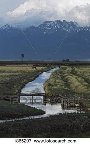 Stock Photo - Irrigation canal with mountains and storm clouds in the background. Fotosearch