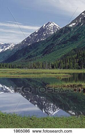 Stock Photograph - Snow-capped mountains, Tern Lake, Alaska. Fotosearch
