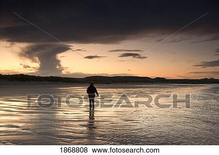 Stock Photo - bamburgh, northumberland, england; a person walking in the water along the shore of the beach. Fotosearch
