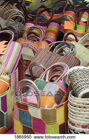 Stock Image - Colorful baskets in market, Ajaccio, Corsica, France. Fotosearch