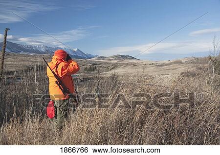 Stock Photograph - Man hunting in a meadow. Fotosearch