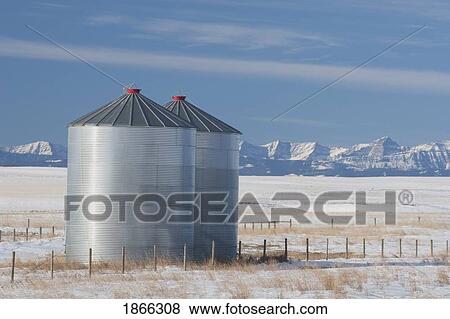 Metal grain bins in snowy field, Alberta, Canada View Large Photo Image Stock Photo - Metal grain bins in snowy field, Alberta, Canada. Fotosearch