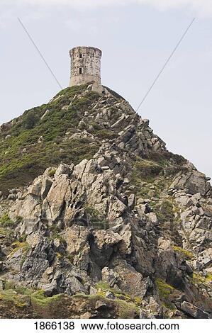 Stock Photo - Old Genoese Tower on mountain peak, Ajaccio, Corsica, France. Fotosearch